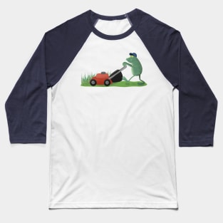 Funny green frog mowing lawn cartoon Baseball T-Shirt